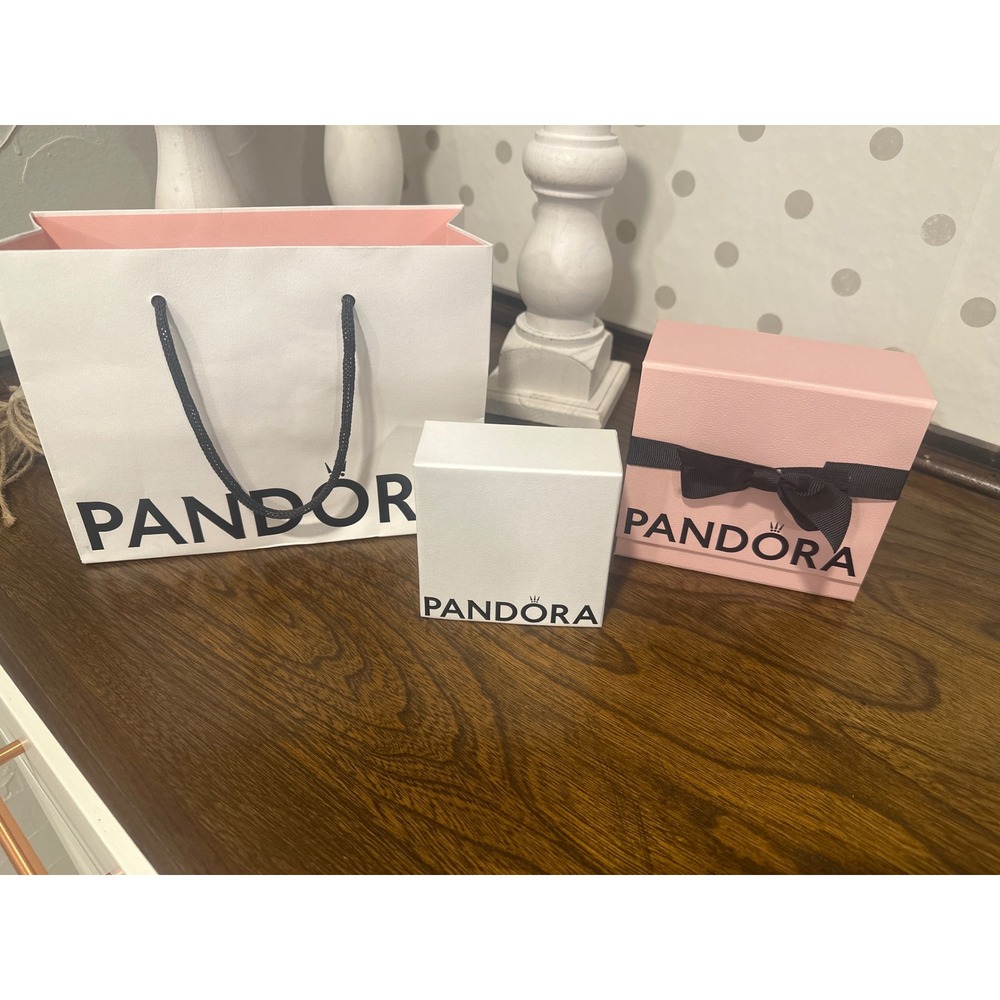 Pandora Jewelry Packaging Set Gift Box Shopping Bag Pink White 3 Piece Bundle